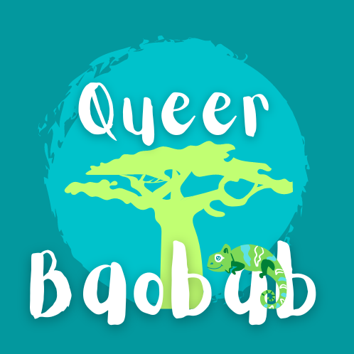 A light green silhouette of a baobab tree against a light blue circle and turquoise background, with the words Queer Baobab in white and a green and blue chameleon sitting on the word baobab