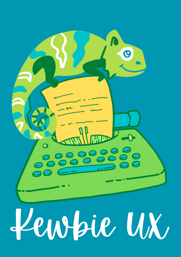 A green, blue, and white smiling chameleon balancing on a yellow page coming out of a green and blue typewriter. Below is the text "Kewbie UX" in white font over a blue background